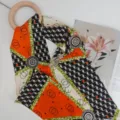 Zijden Lint Sjaal Oranje Zwart Geometrisch Patroon Chic Dubbellaags Halsdoek - Contrast patchwork oranje & zwart