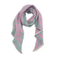 Pink and green color-block polka dot jacquard scarf detail showing texture and fringe. - Peach Green / Polka Dot Dopamine Color Contrast