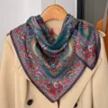 Vintage paisley print square scarf detail showing delicate green fabric texture and floral pattern. - RY-10