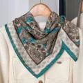 Vintage paisley print square scarf, teal and brown cotton linen neckerchief for women spring. - RY-11