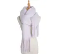 Close-up detail of soft fluffy winter scarf in light purple color, warm texture, fringe ends. - Light Purple