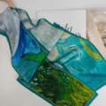 Silk ribbon scarf with artistic Van Gogh style print, double-layer silk variant fashion style. - Blue, Green & Yellow Oil Painting
