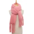 Pink winter knit fringe scarf detail, soft cozy loop yarn material for women cold weather. - Peach