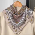 Detail view of a retro cotton linen square scarf with paisley and rope tassel pattern. - RY-14