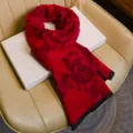 Red festive Chinese style scarf with Fu character pattern and fringe for winter wear. - Five Blessings Red