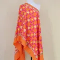 Vibrant orange embroidered cashmere-feel shawl with pink and yellow floral grid patterns for winter warm. - 39