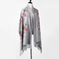 Grey embroidered ethnic style cashmere feel scarf shawl with fringe for women winter daily wear. - Color 041