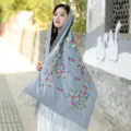 Grey embroidered floral cashmere-feel shawl ethnic fringe wrap scarf for women travel wear - 043