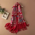 Red ethnic embroidered cashmere-feel shawl scarf with fringe, warm winter travel cape. - Color 050