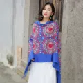 Blue ethnic embroidered shawl cape, imitation cashmere warm wrap, stylish fringe outerwear. - 051
