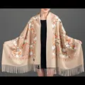 Khaki embroidered plum blossom imitation cashmere shawl, ethnic style warm tassel cloak. - Color 062