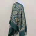 Dark green embroidered cashmere-feel shawl with elegant ethnic floral patterns and fringe hem. - Color 063