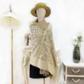 Beige embroidered cashmere-feel shawl scarf, ethnic fringe cape variant for women. - 071