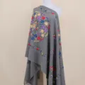 Grey Embroidered Floral Shawl Cashmere Feel Ethnic Cape Scarf for Women Travel Outerwear - 080
