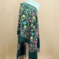 Dark green embroidered floral cashmere feel shawl ethnic style tassel warm winter scarf - 082