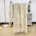 Beige cashmere-feel embroidered scarf with gold paisley patterns and fringe hem cozy winter shawl. - Color 093