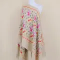 Beige embroidered cashmere feel shawl scarf, ethnic floral fringe warm wrap for women. - Color 094