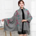 Embroidered plum blossom cashmere feel shawl winter warm ethnic fringe scarf outer cape - Color 096