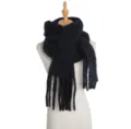 Black fuzzy loop yarn scarf detail, soft winter warm accessory with stylish fringe design. - Black