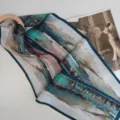 Silk scarf with abstract art print, elegant dual-layer design, stylish women neckerchief. - Teal, Green & Pink Contrast on Grey & White