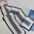 Silk ribbon scarf with wooden ring, blue and white striped elegant neck scarf variant. - Navy Blue Gradient Stripes on White