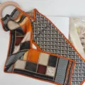 Geometric patchwork silk twilly scarf with orange border for women's stylish neck wear. - Orange & Black Contrast Patchwork Plaid
