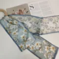 Silk neck scarf with wooden ring, blue magnolia butterfly print ribbon for women. - Magnolia Butterfly Dance