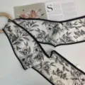 Silk twilly scarf for women, black and white floral print long ribbon neck scarf. - Plain Background Ink Floral