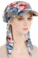 Women floral print sun visor headscarf pre-tied chemo cap lightweight summer hat for outdoor - One Size / Blue and Pink Floral Bloom