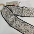 Black and white rose silk ribbon scarf with wooden ring, elegant double layer design. - Ink Painted Roses