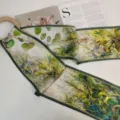 Silk ribbon scarf with water lily art print and dark green border, elegant women neck accessory. - Emerald Pond Oil Painting