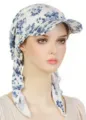 Floral print sun visor headscarf cap for women, lightweight pre tied chemo hat for outdoor. - One Size / White with Blue Flowers