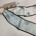 Silk ribbon scarf, blue floral print twilly, elegant double layer silk neck scarf for women. - Light Blue and White Porcelain Print