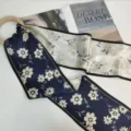 Elegant double-layered silk twilly ribbon scarf with delicate floral print for women fashion. - Navy Simple Floral