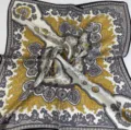 Silk square scarf with vintage baroque paisley print, soft satin finish, elegant artistic design. - Yellow & Gray Paisley Scarf