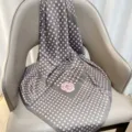 Grey silk scarf with pink polka dots and rose print, elegant accessory for women shirts and hair. - RY-22