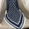 Navy blue geometric printed silk twill scarf, elegant women accessory for shirts. - RY-35