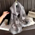 Close-up of grey silk wool embroidered scarf, exquisite floral detail, luxury winter shawl - 74.8*27.5inch / Gray