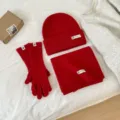 Red winter knitted hat scarf and gloves set, warm wool blend thick thermal three-piece apparel. - Red
