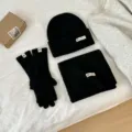 Black knitted beanie hat scarf and gloves three piece set warm winter accessories for women. - Black