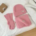 Pink knit winter hat scarf and gloves set warm cozy woolen three piece set for women apparel - Pink
