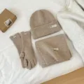 Knitted beanie scarf gloves 3-piece set, winter warm thick woolen hat and scarf for women. - Khaki