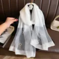 Elegant white sheer scarf with pearl and rhinestone floral embellishments, perfect for women. - 74.8*27.5inch / White