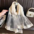 Beige sheer mesh silk scarf detail with pearl and rhinestone floral embellishments elegant wrap. - 74.8*27.5inch / Off White