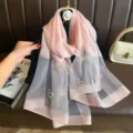 Pink chiffon silk scarf detailed with elegant pearls and sparkling rhinestones for women. - 74.8*27.5inch / Pink
