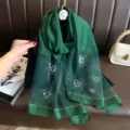 Dark green silk scarf with pearl rhinestone flower, elegant women shawl wrap for winter warmth. - 74.8*27.5inch / Green