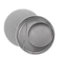 Stainless steel round cookie mold detail view, showing precise metal texture and storage tin. - Round Candy Mold 3-Piece Set