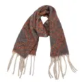 Detail shot of the autumn winter plaid scarf shawl featuring cozy loop yarn and chunky fringe. - Large Plaid Caramel