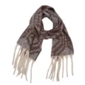 Detail shot of winter textured fringe scarf, classic check pattern with soft loop yarn. - Large Plaid Brown