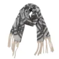Detailed view of winter plaid boucle yarn fringe scarf tassel cozy warm fashion accessory. - Large Plaid Grey